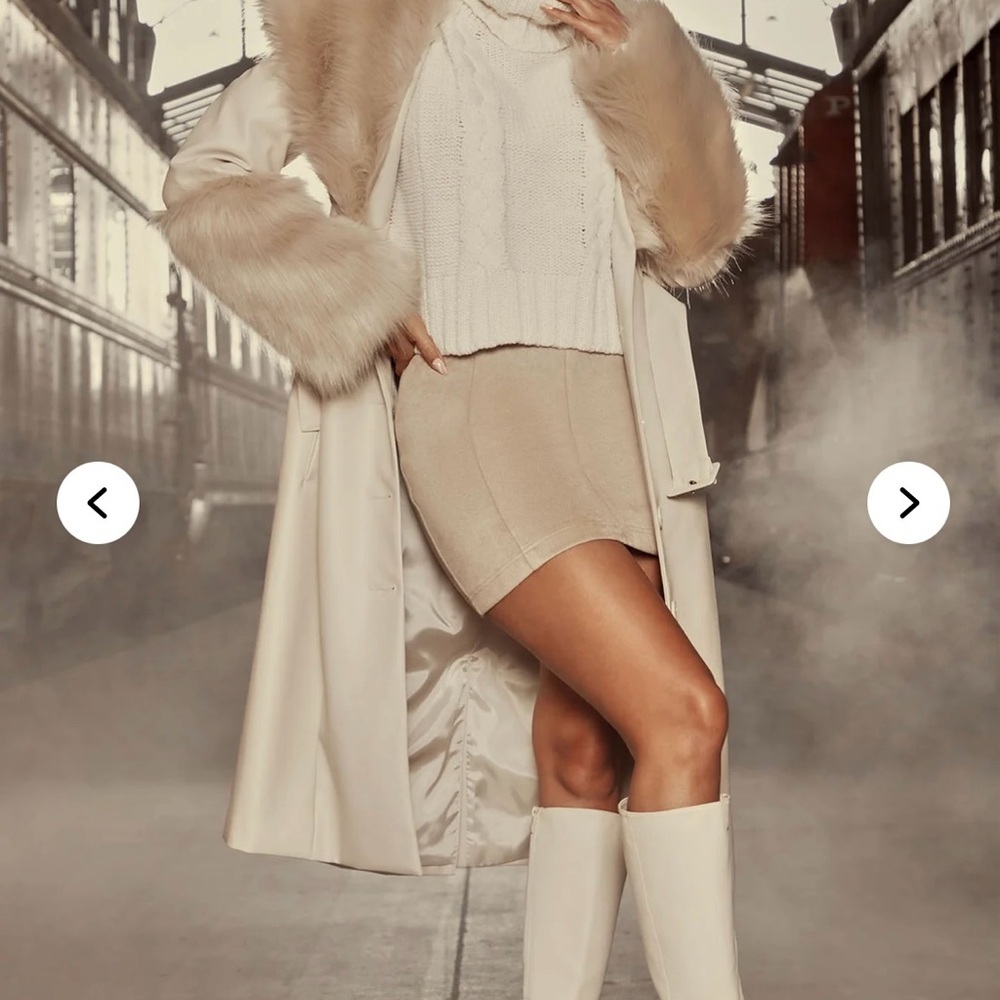Fashion Nova Cream Faux Leather Trench Coat with Faux Fur - Picture 8 of 11